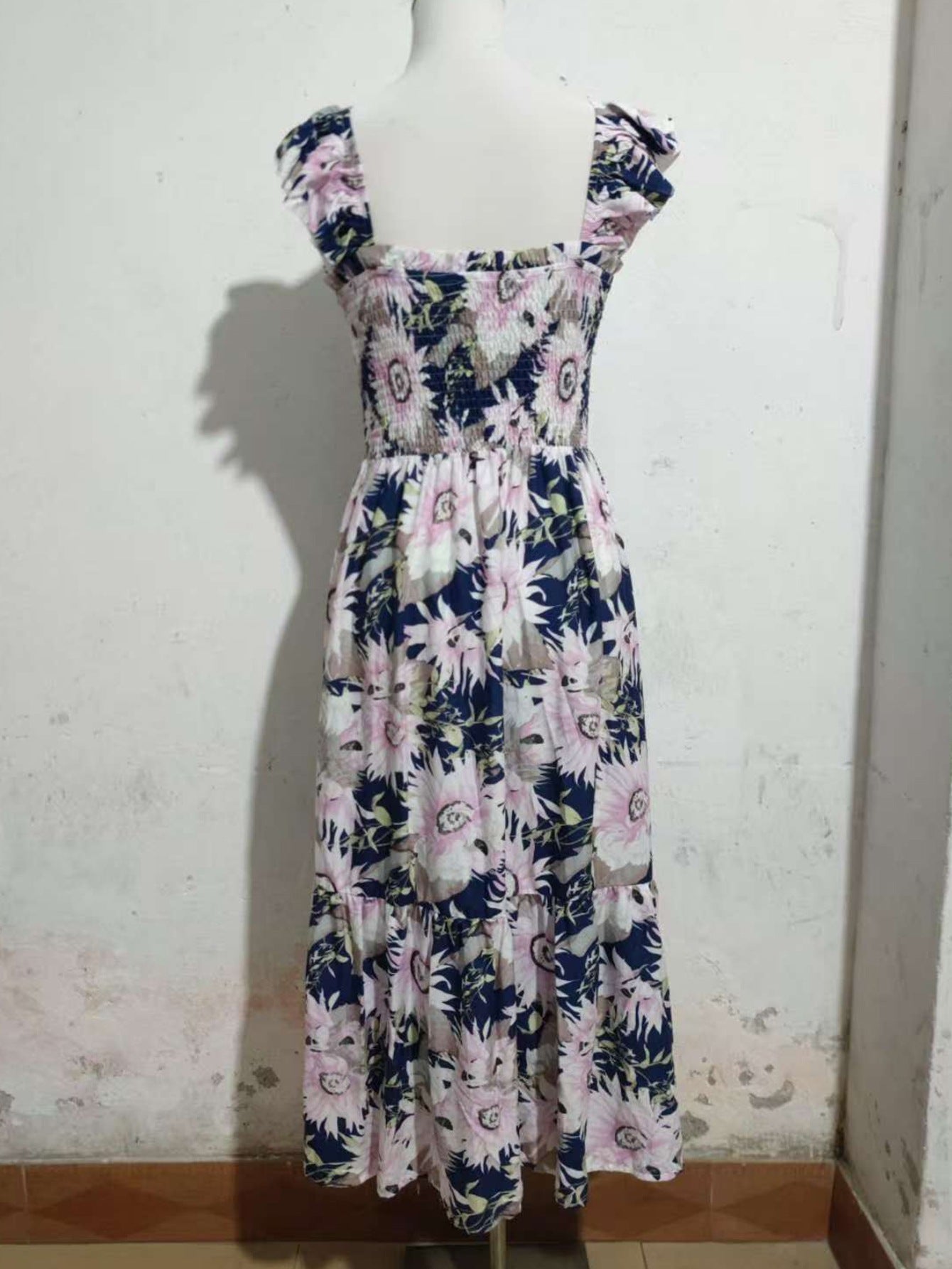 Women Large Flower Ruffle Sleeve Bohemian Beach Holidays Suspender Dress 8