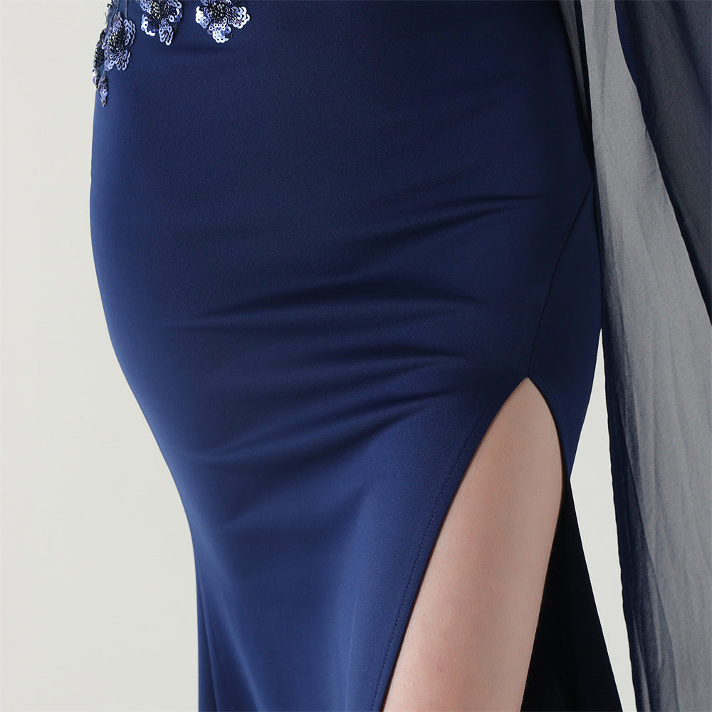 Women Tulle Shawl Beaded Tube Embroidery One Shoulder Evening Dress 41