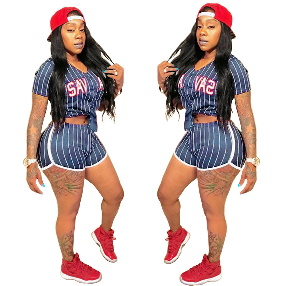 Women Sexy Women Striped Letter Baseball Top and Skirt Two-piece Set 40