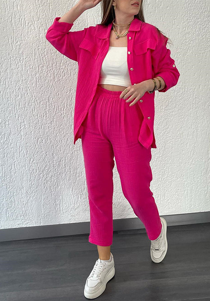 Plus Size Women's Double Crepe Oversized Turndown Collar Long Sleeve Set