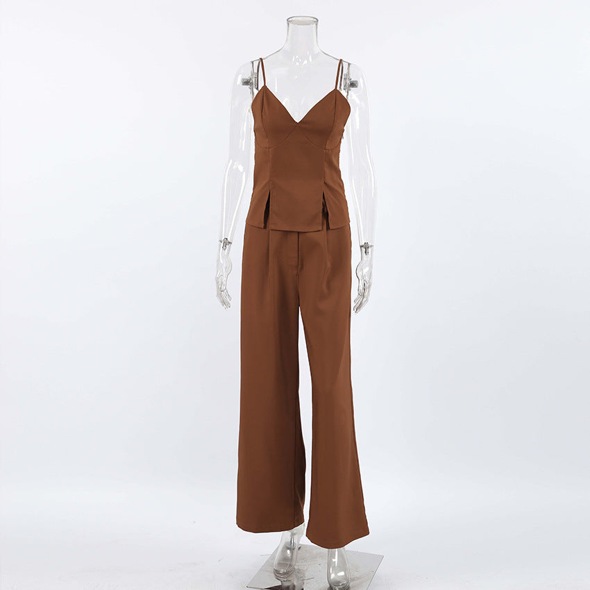 Women Brown Sleeveless Suspender V-Neck Slit Tank Top Long Pants Two-piece Set 6