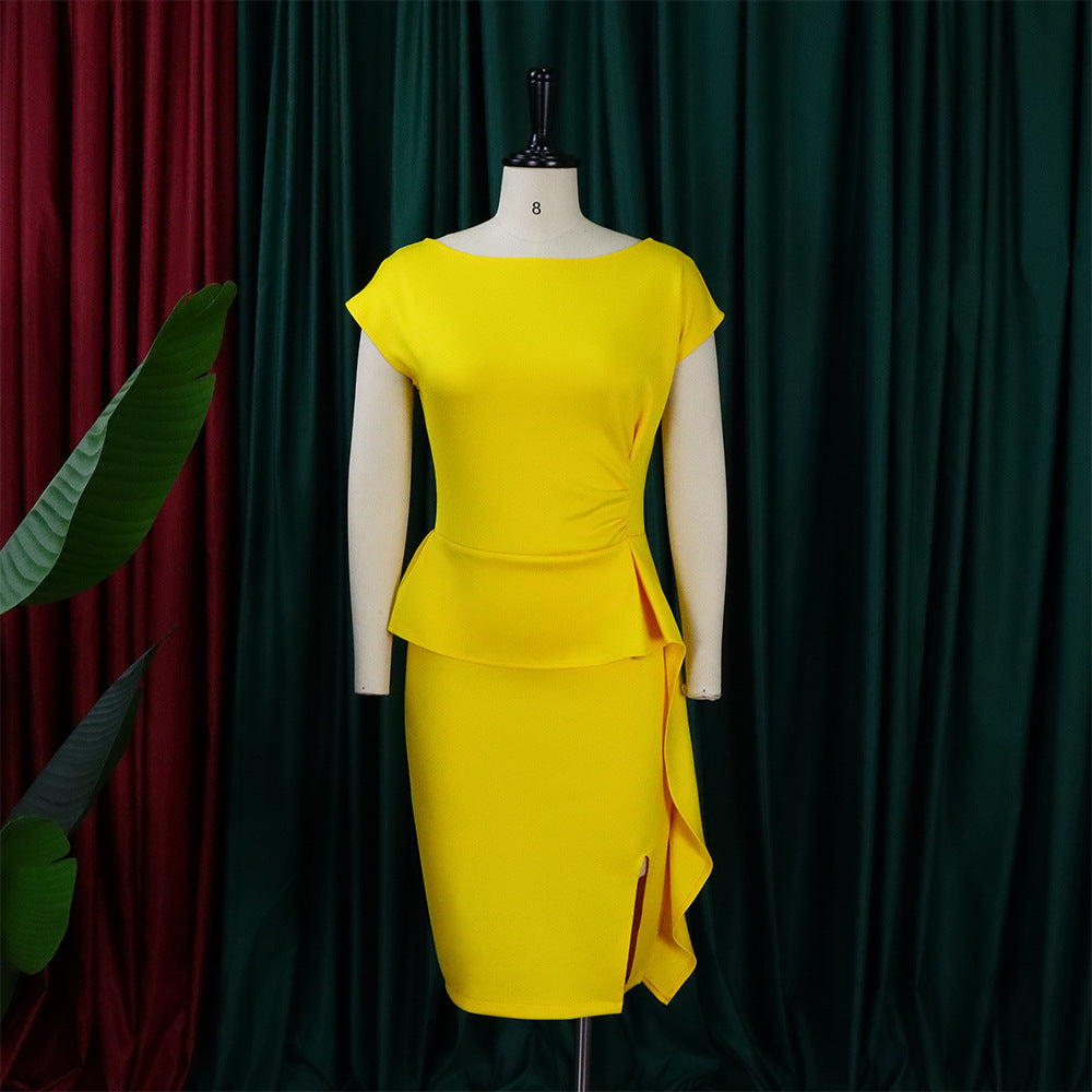 Women Summer Solid Pleated Ruffle Slit Bodycon Dress 12