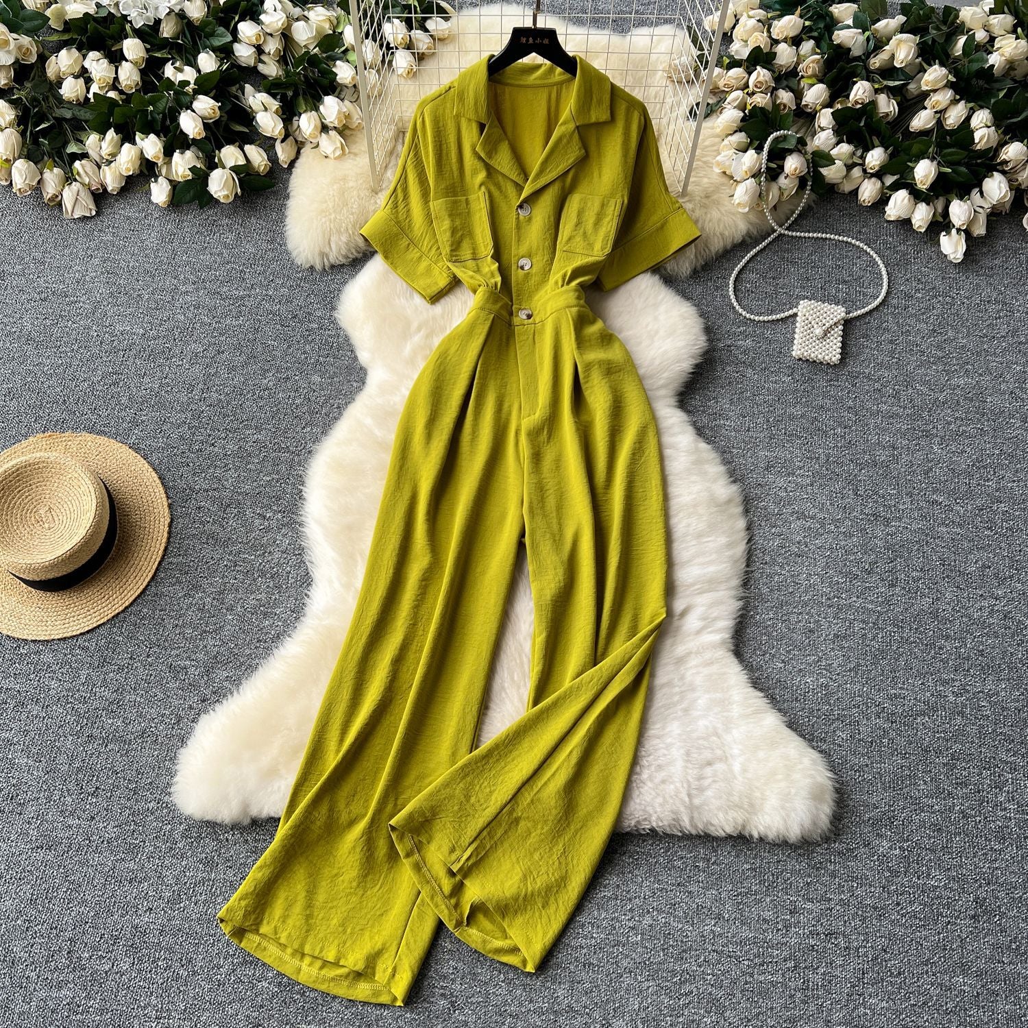 Summer Chic Turn-down Collar Button High Waist Jumpsuit