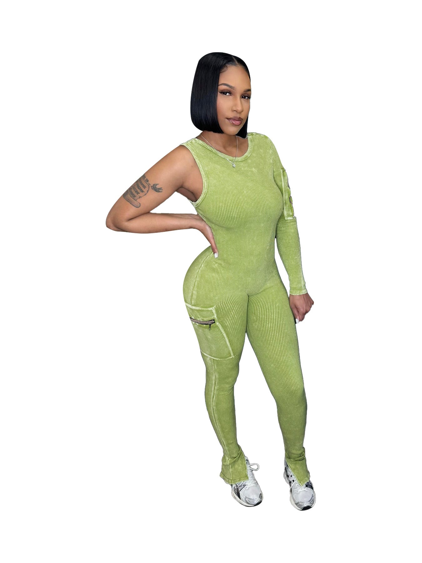 Women Casual Ribbed Pocket Single Sleeve Jumpsuit 4