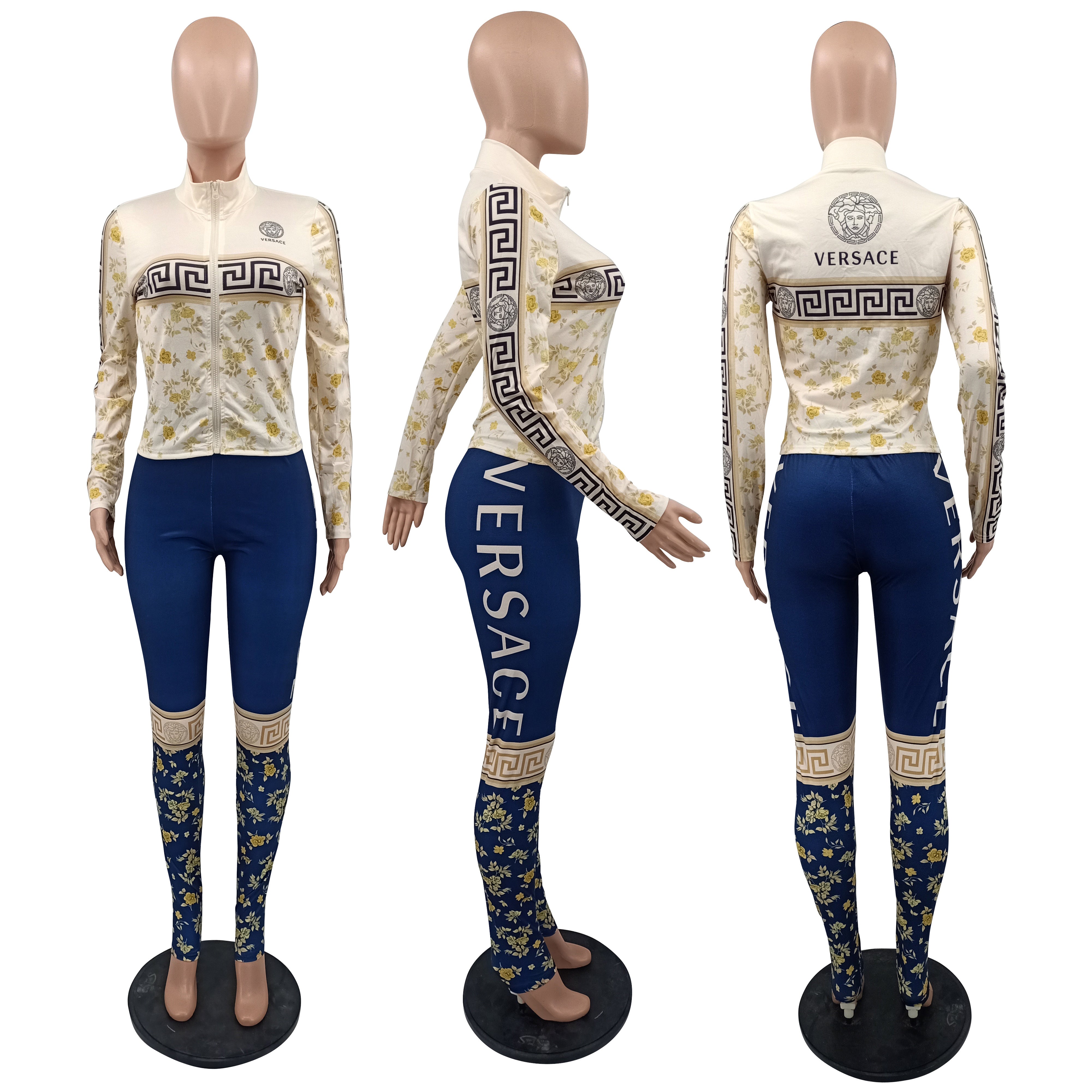 Women's Casual Fashion Color Block Print Long Sleeve Zipper Two-Piece Pants Set 9