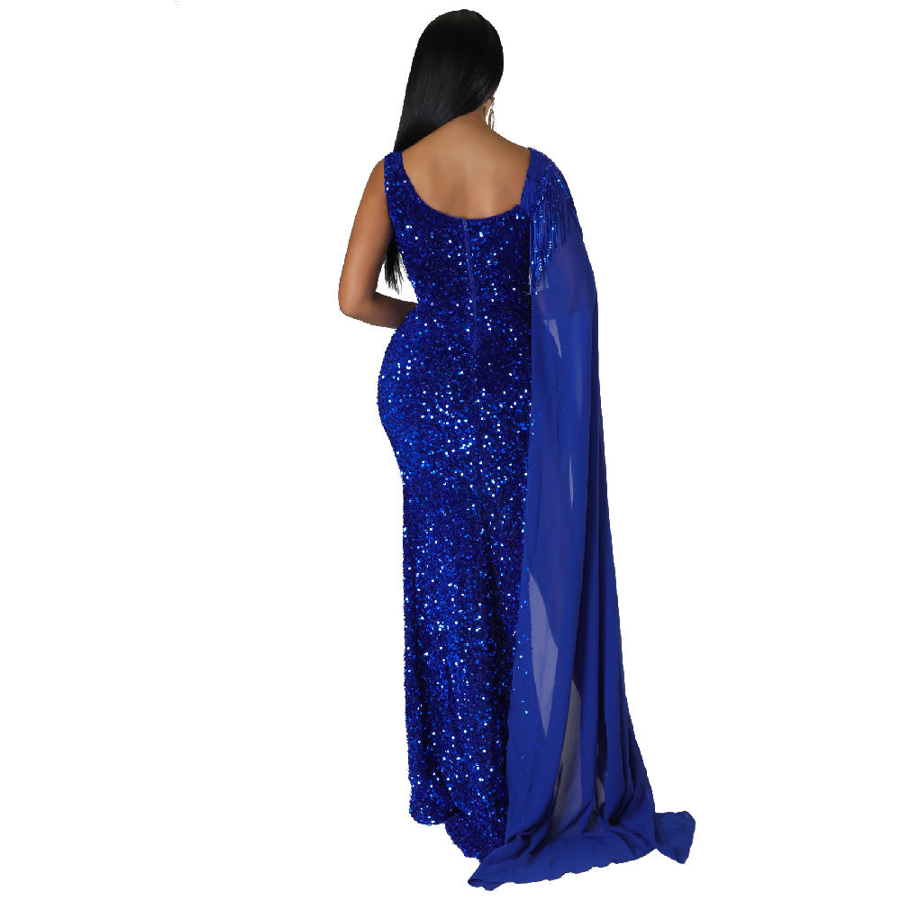 Women Sexy Sequin Tassel Long Dress Evening Dress 3