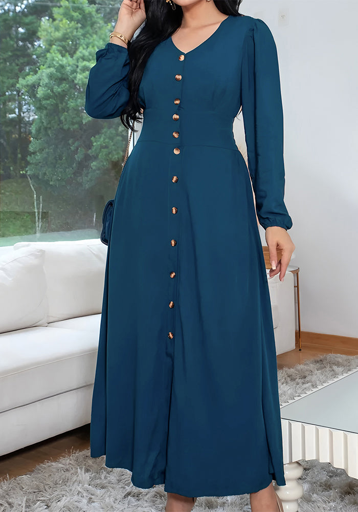 Women Casual Button Long-Sleeved V-Neck Dress