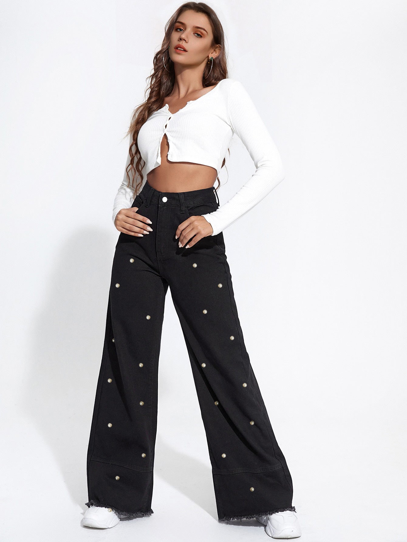 Women Pearl Wide Leg Denim Pants 5