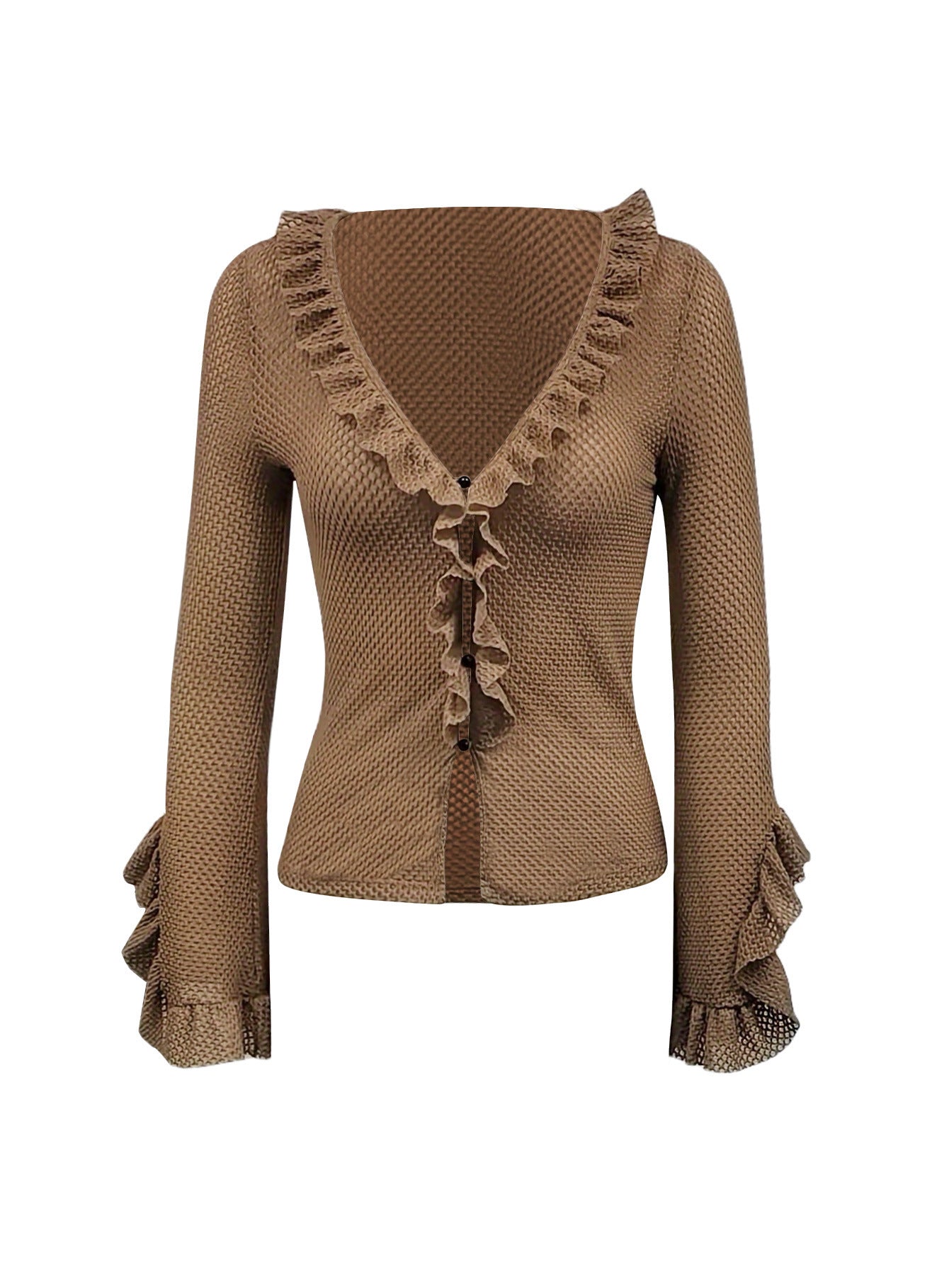 Women's Sexy Rufffled Slim T-Shirt Long Sleeve Bell Bottom Brown Top 6