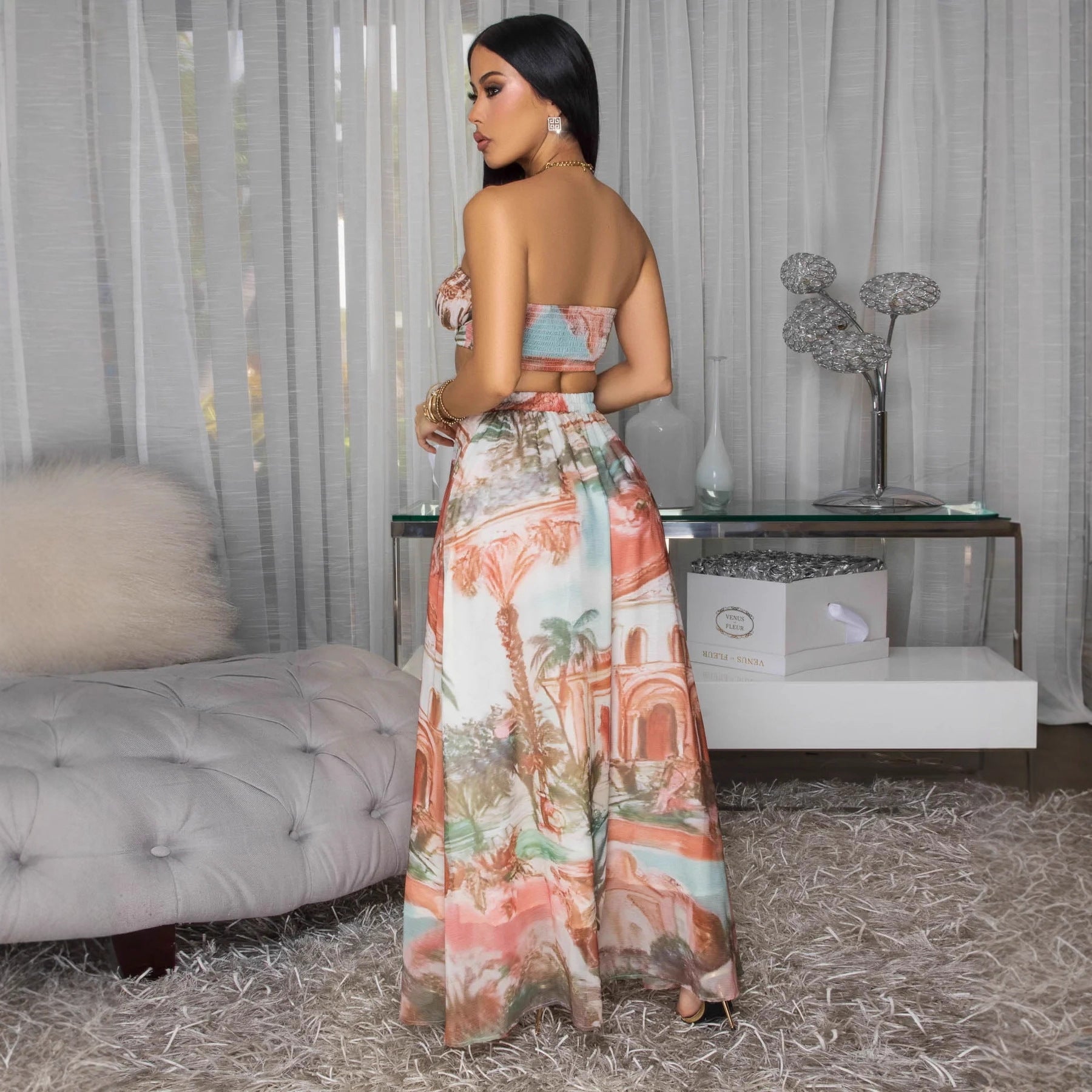 Casual Print Strapless Top High-Waist Chiffon Print Maxi Skirt Two-Piece Set 3