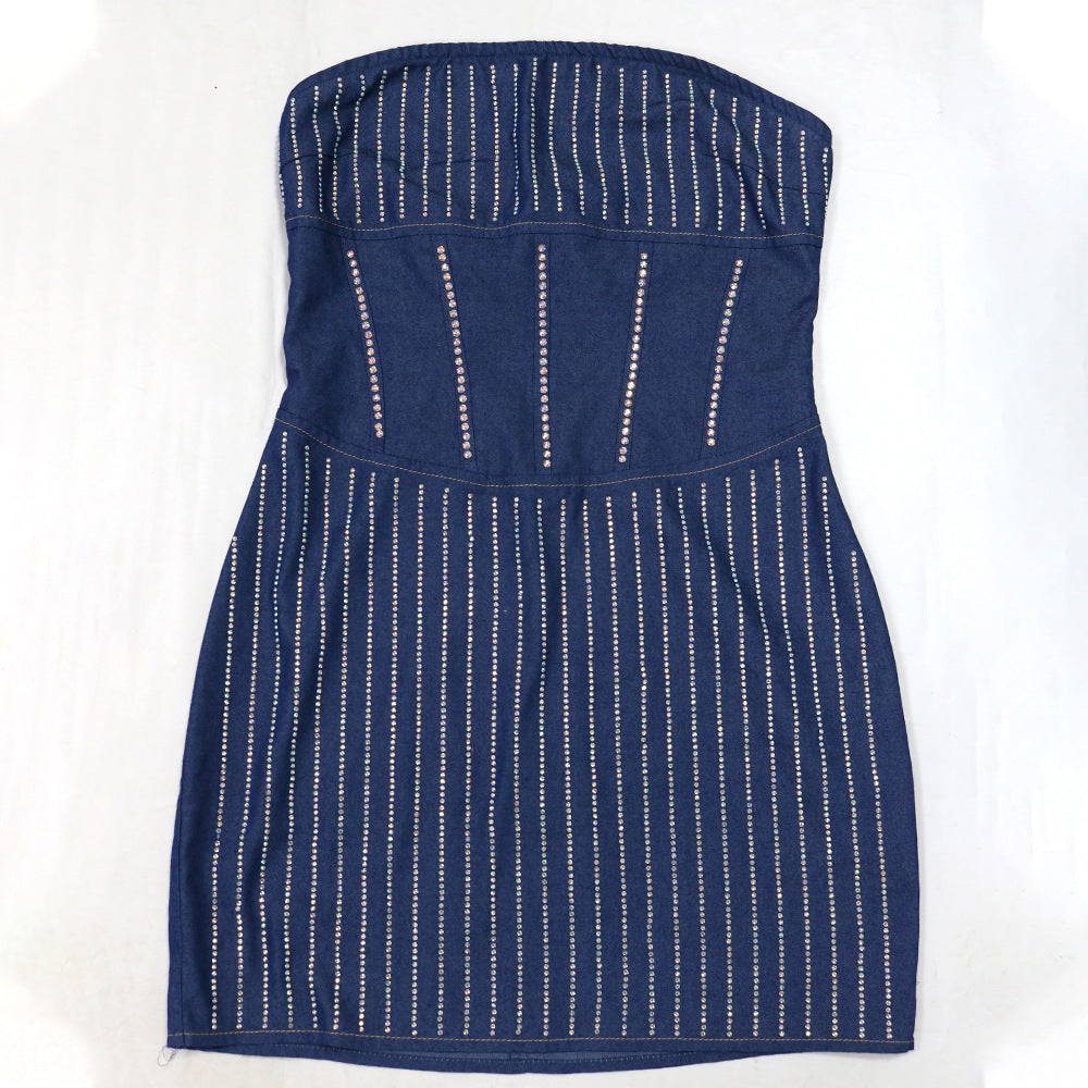 Strapless Beaded denim bodycon Dress 6
