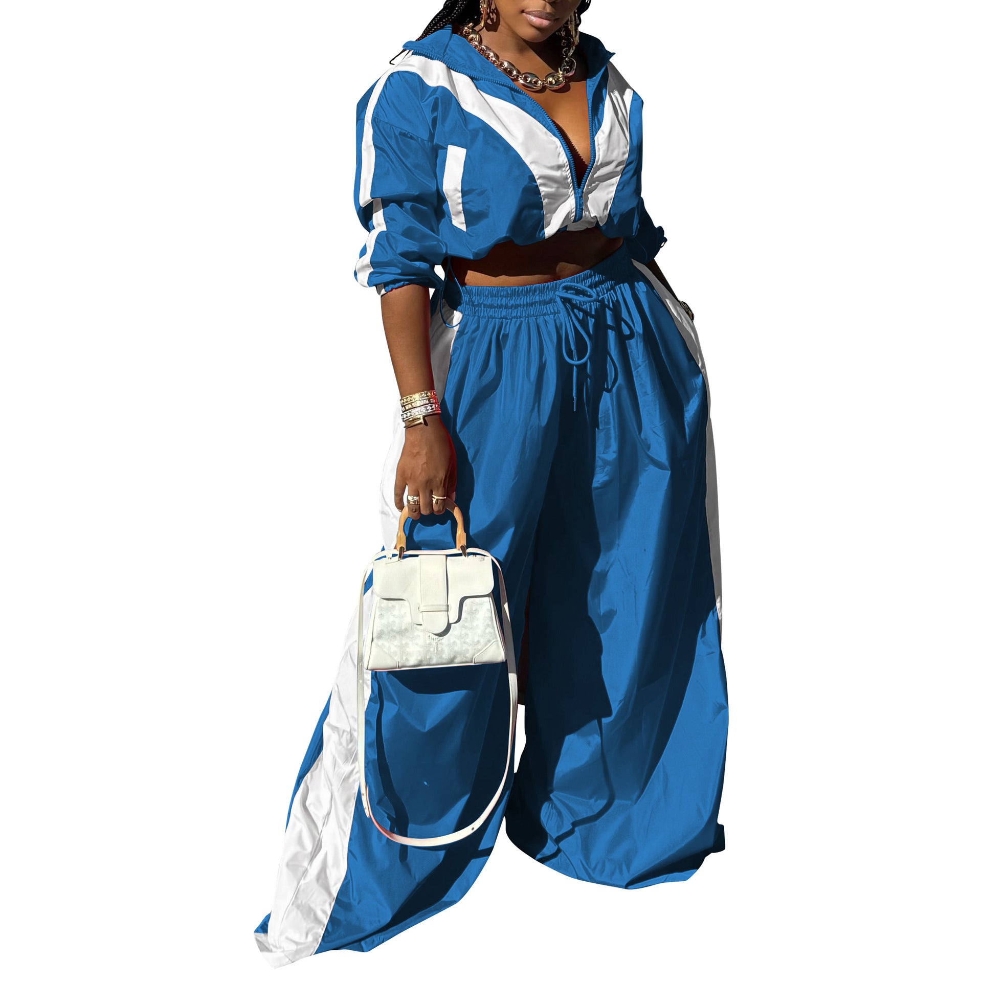 Women Sports Woven Colorblock Top and Pant Two Piece Set 11