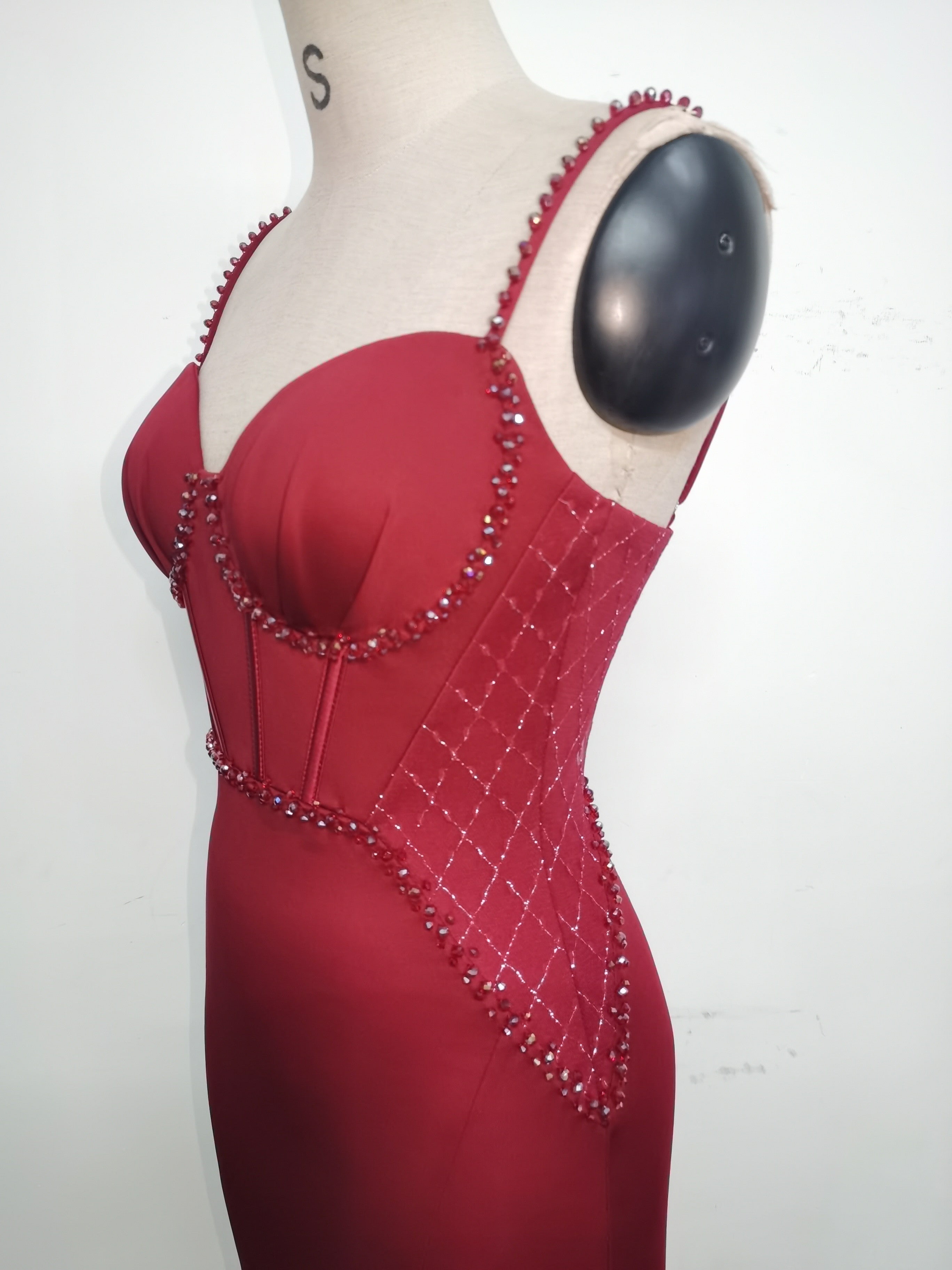 Women Strappy Heart-Shaped Lace Grid Embroidery Beaded Fishbone Formal Party Evening Dress 33