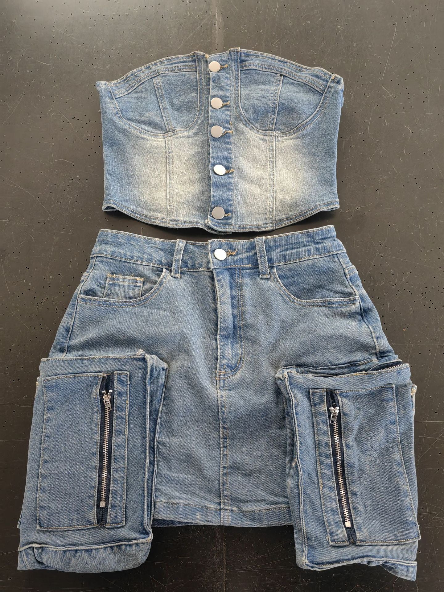 Women retro strapless stretchy top and skirt denim two-piece suit 10