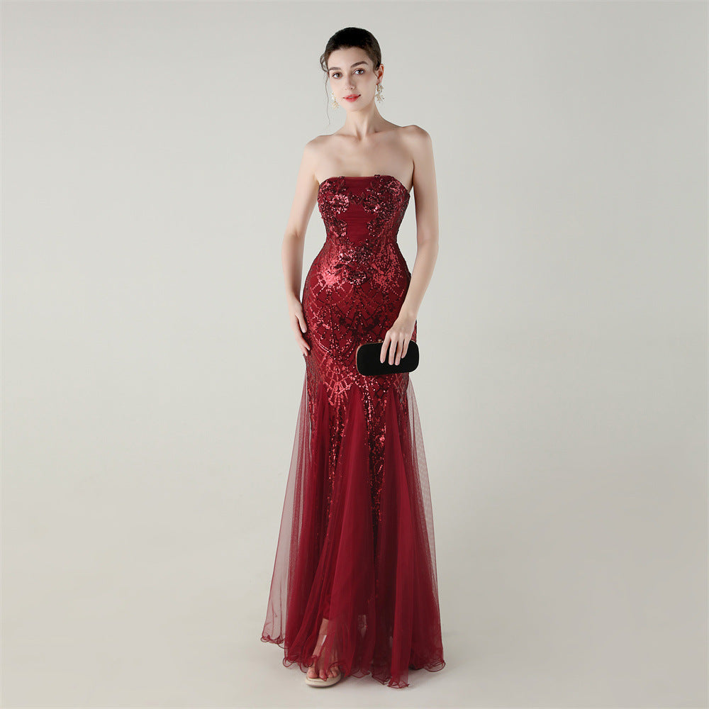 Women Strapless cross Lace-Up sequined tube flower sequined mesh evening dress Formal Party evening dress 93