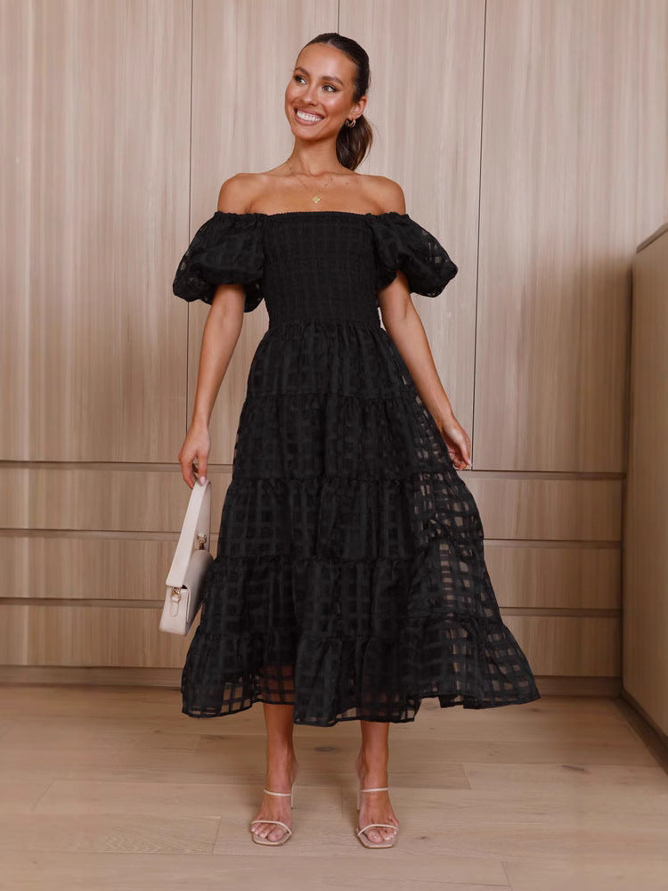 Off-Shoulder Lantern Sleeve Layered Patchwork Maxi Dress 10