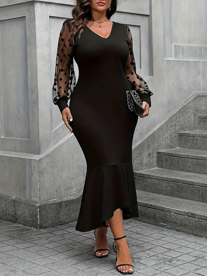 Plus Size Women v-neck sexy Bodycon lace Patchwork fishtail skirt 3