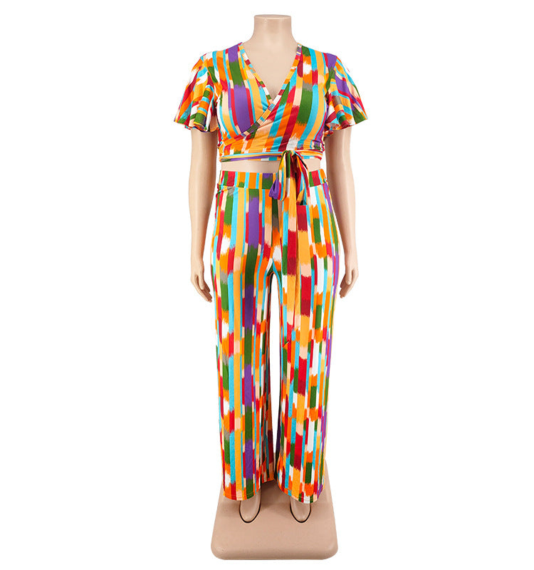 Plus Size Women's Spring Short Sleeve Top and Pants Set 10