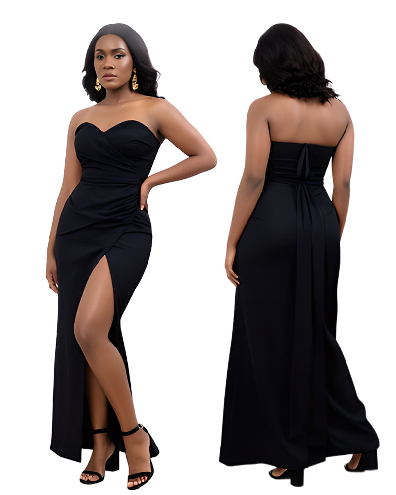 Solid Color Strapless Slit Long Dress