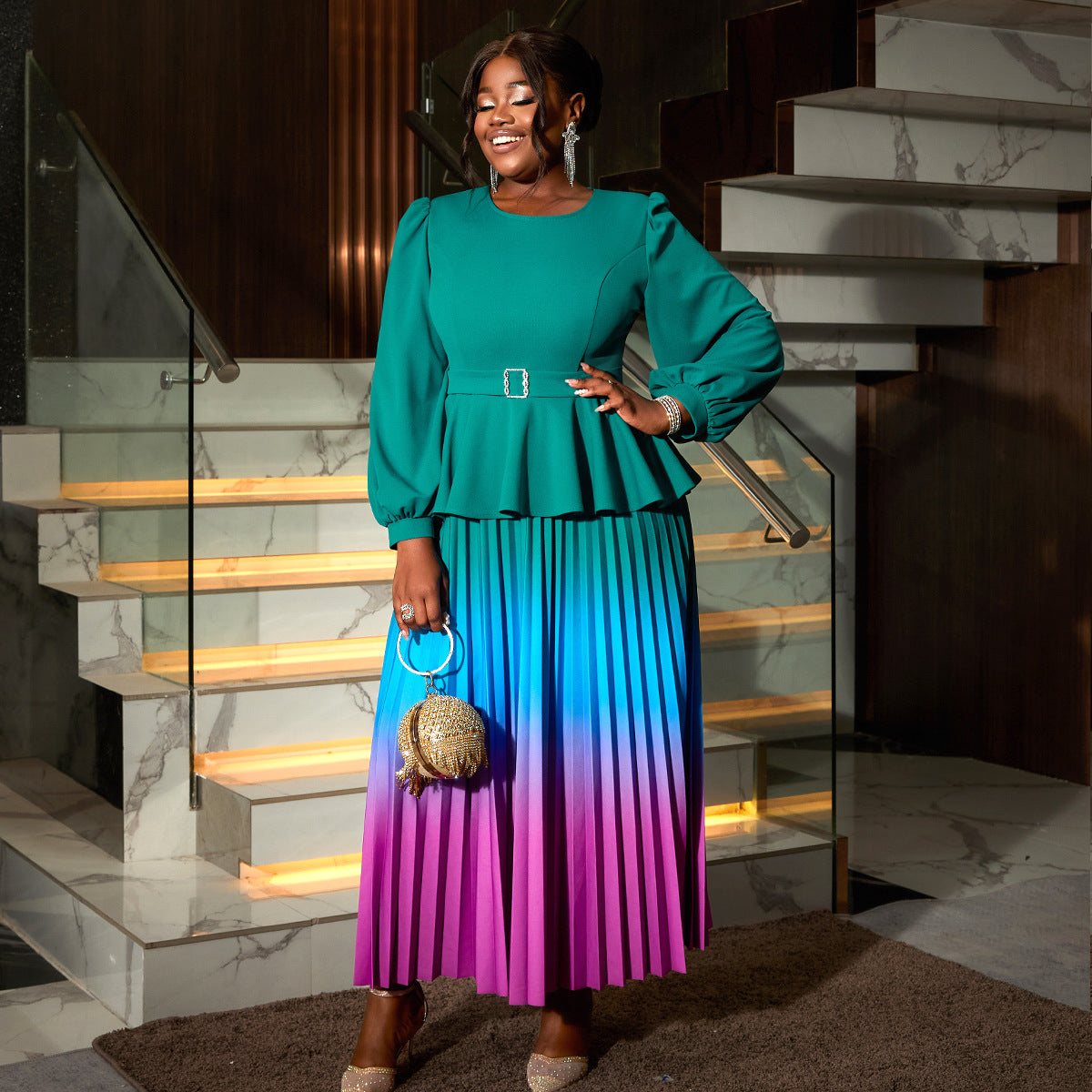 Women gradient lantern sleeve party pleated dress 3