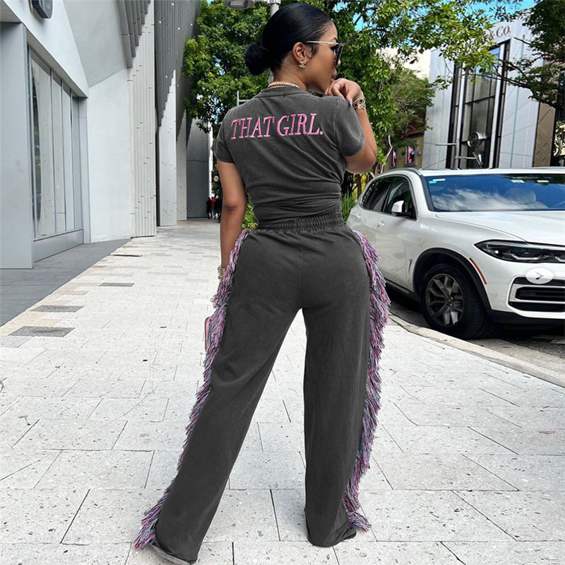 Women Round Neck Embroidered Short Sleeve T-Shirt And Tassel Pant Two Piece Set 3