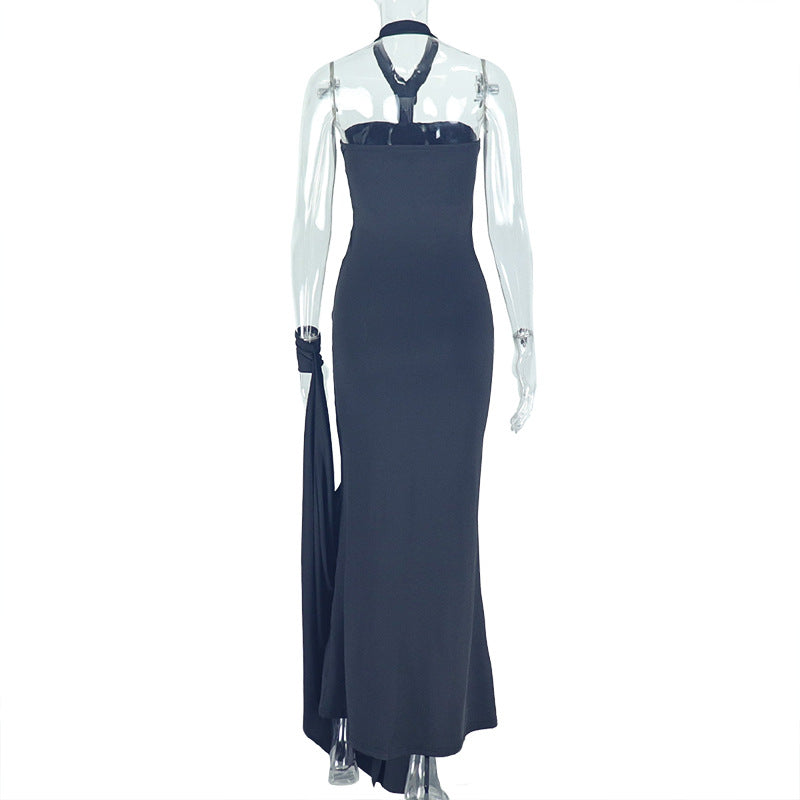 Solid color chic women's clothing low back strapless halter neck long dress formal party gown 9