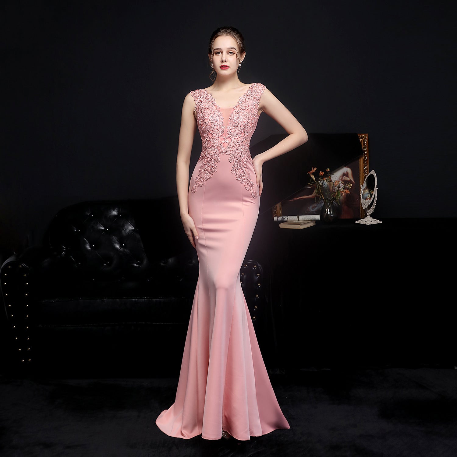Summer Lace Upper Sleeveless V-Neck Mermaid Evening Dress 13