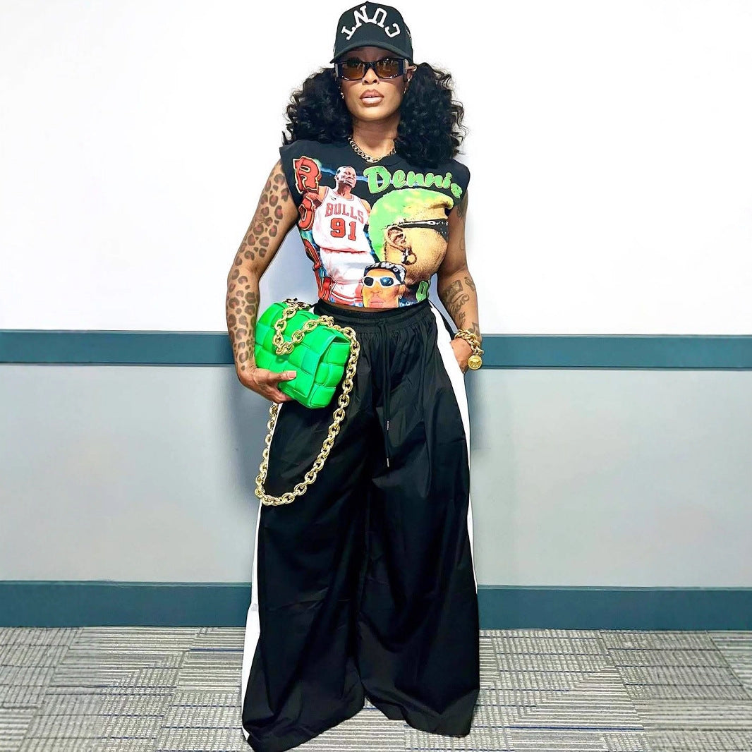 Women casual color matching drawstring wide leg pants 5