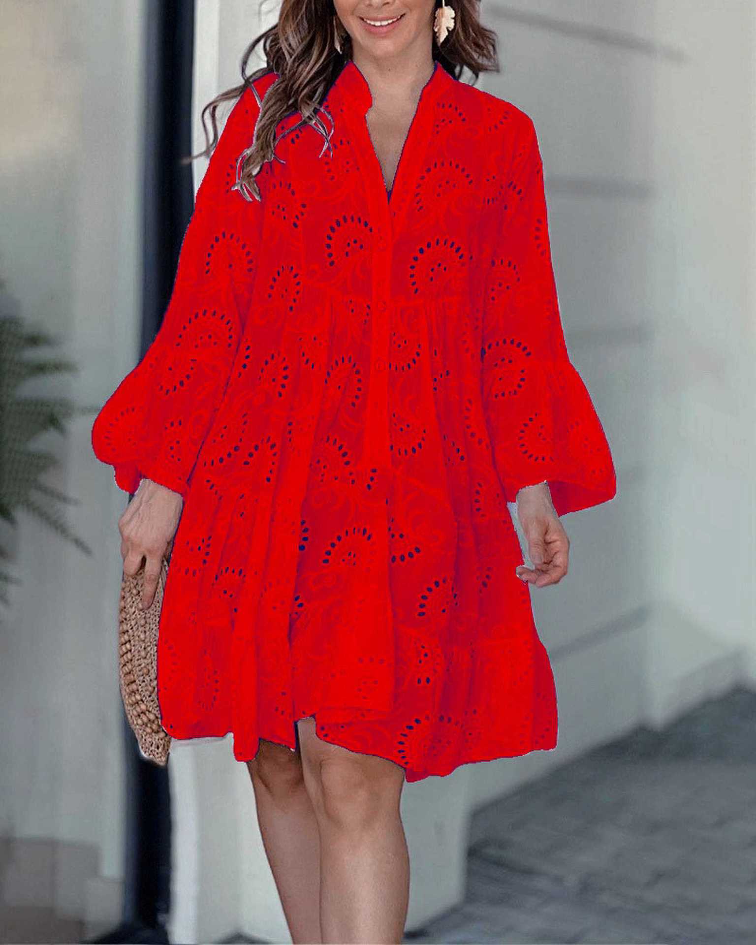 Women Solid V-neck Embroidered Hollow Lace Dress 4