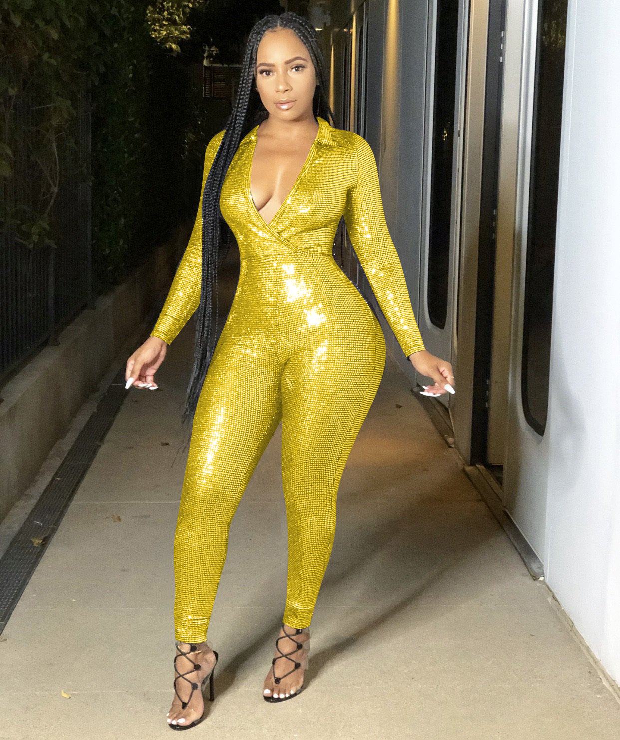 Women V Neck Shiny Jumpsuit