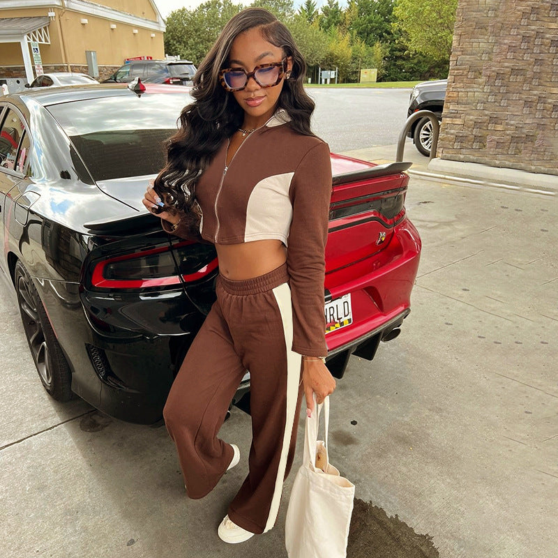 Women Fall/Winter Contrast Zipper Long Sleeve Top and Pants Casual Two-Piece Set 3