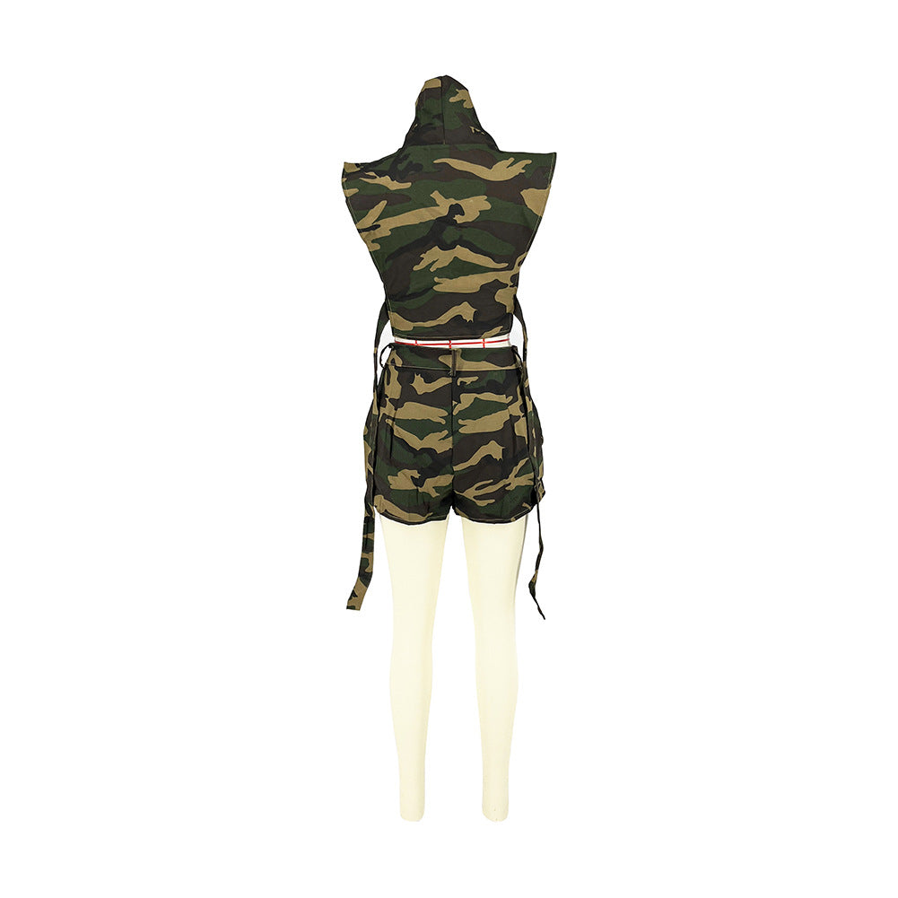 Women Summer Camouflage Pocket Top and Short Two-Piece Set 14