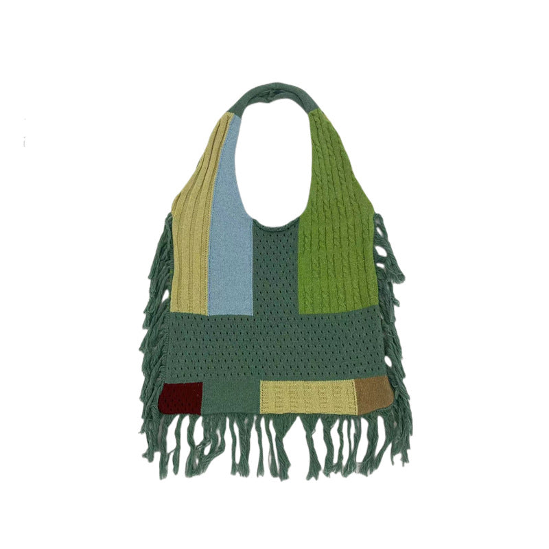 Fringed Women Patchwork Knitting Handbag Single Shoulder Bag Retro Knitting Bag 11