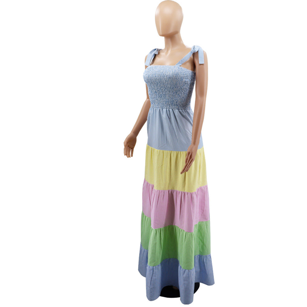 Women Fashion Contrast Striped Strap Maxi Dress 10