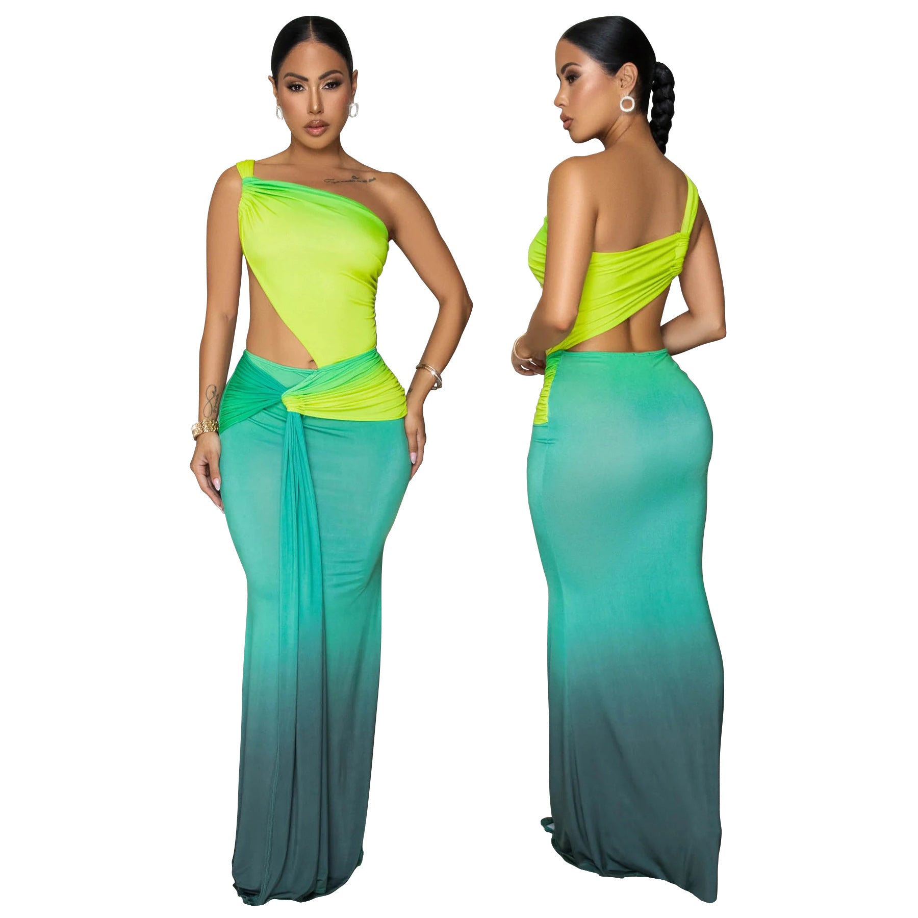Summer Women's Sexy One-Shoulder Open Waist Gradient Long Dress 4