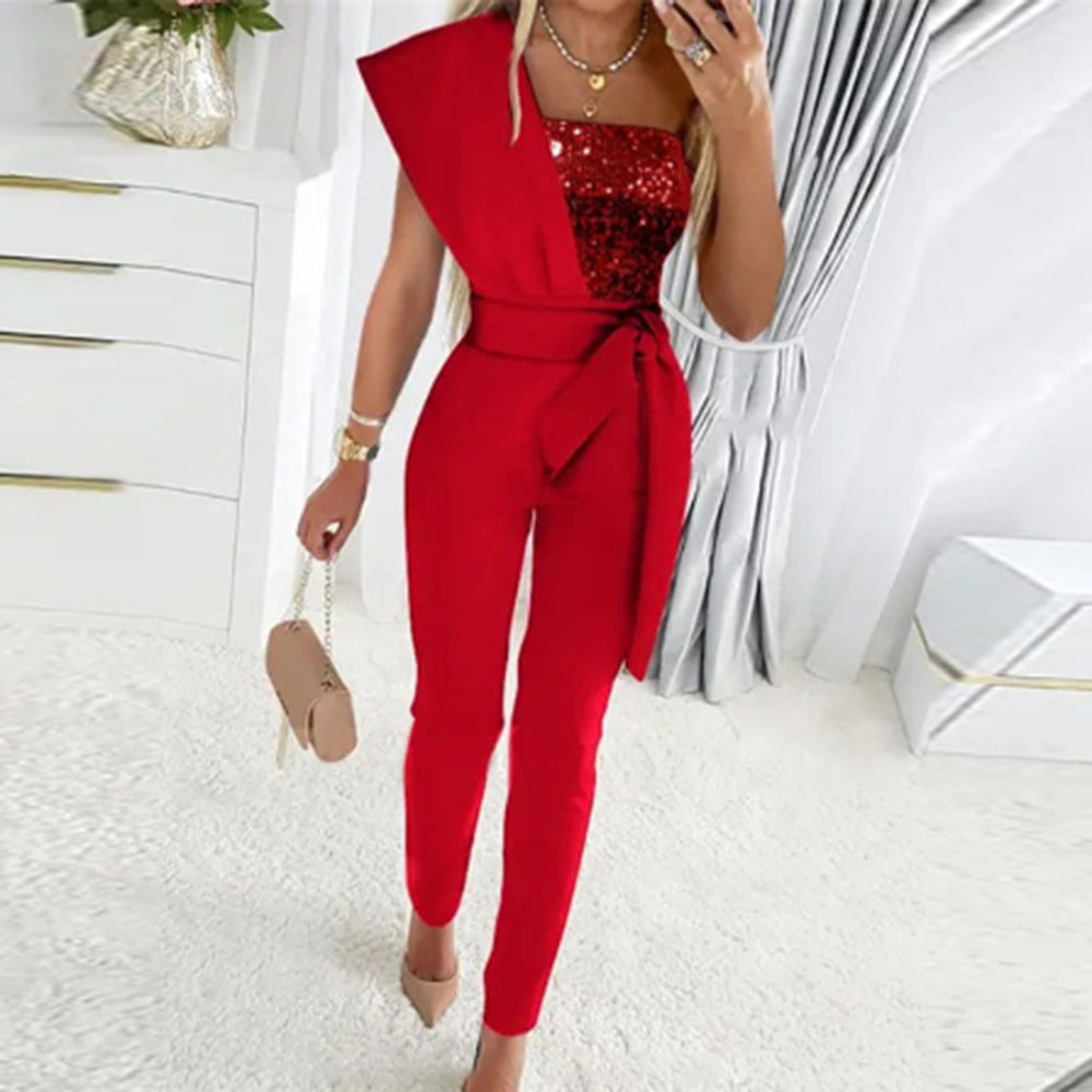 Women Winter Slash Shoulder Sequin Jumpsuit 3