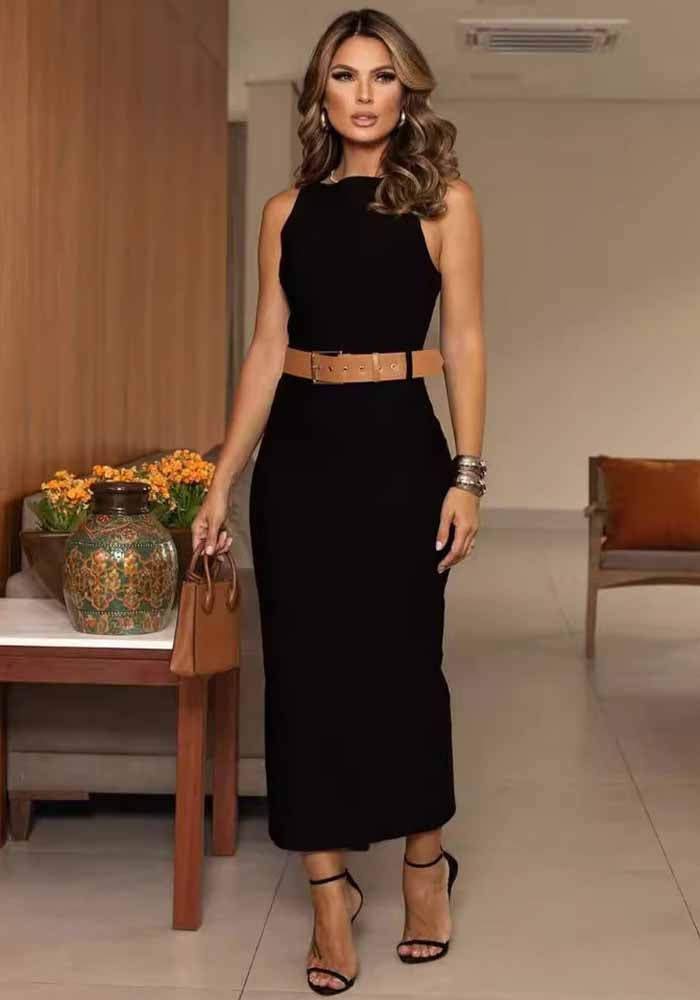 Women Solid Round Neck Sleeveless Bodycon Maxi Dress