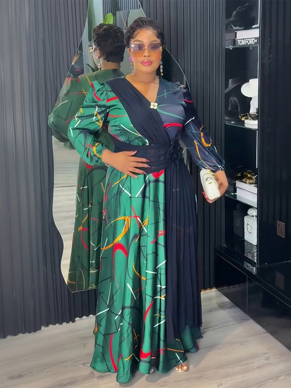 Africa Women's Muslim Color Block Print Plus Size Long Dress 8