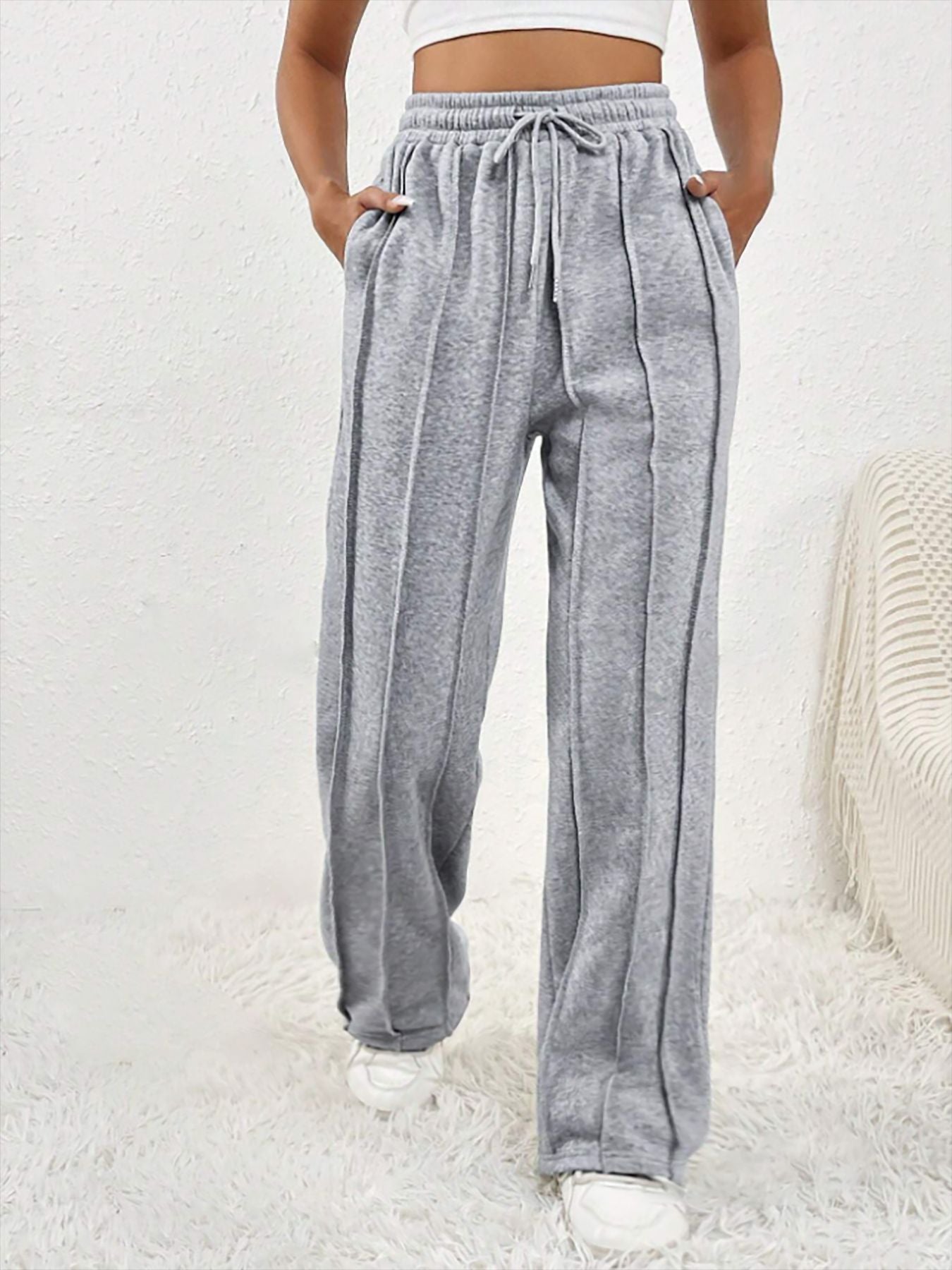Women Casual Drawstring Vertical Striped Sweatpants 3