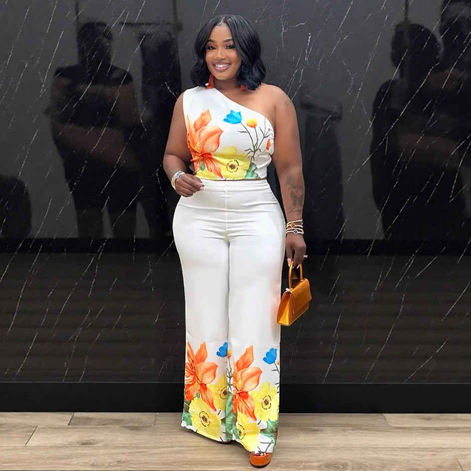 Women Elegant Stretchy Slash Shoulder Top and Wide Leg Pants Two Piece Set 3