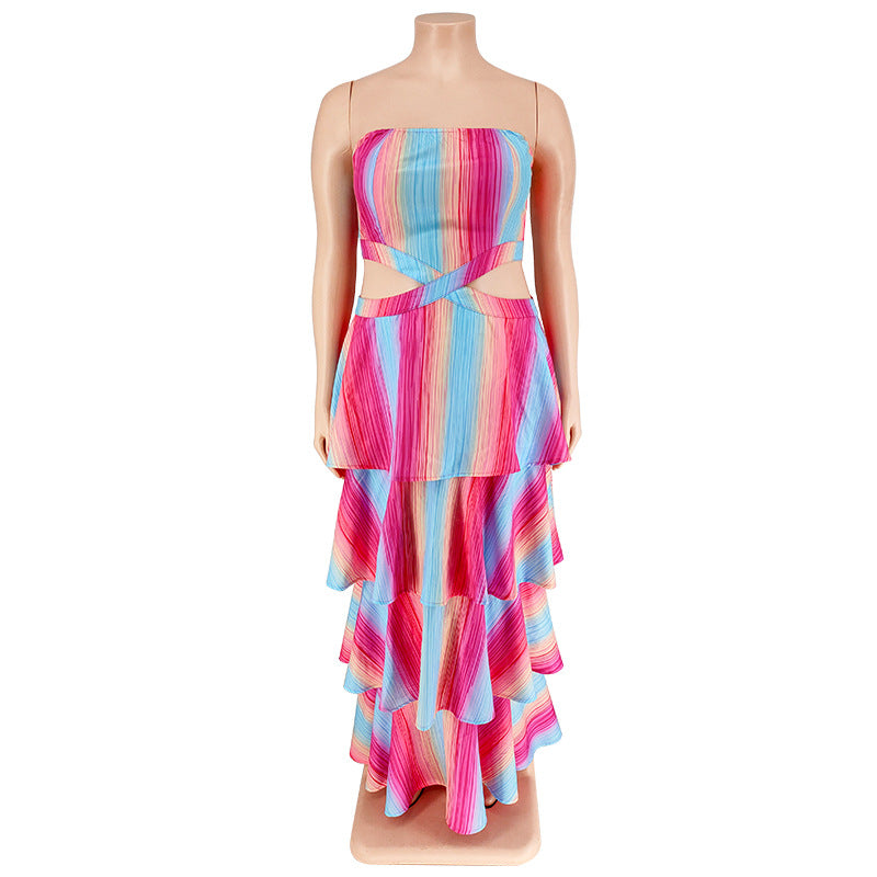 Plus Size Fall Women'S Strapless Stripe Print  Swing Layer Maxi Dress 15