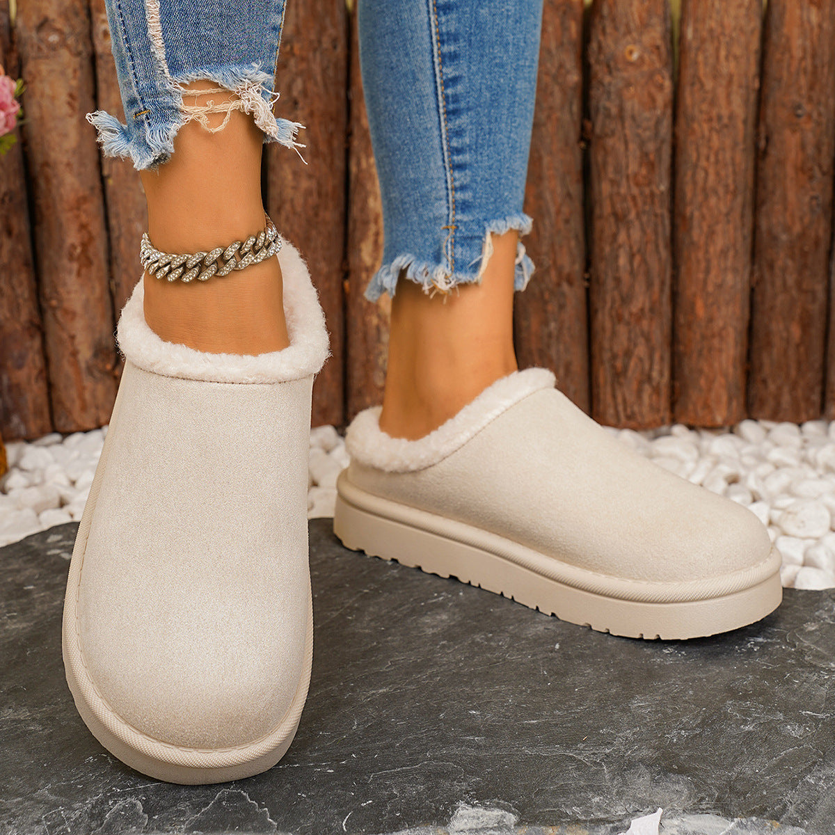 Women's Winter Plush Warm Fleece Soft Sole Round Toe Flat Bottom Slippers 21