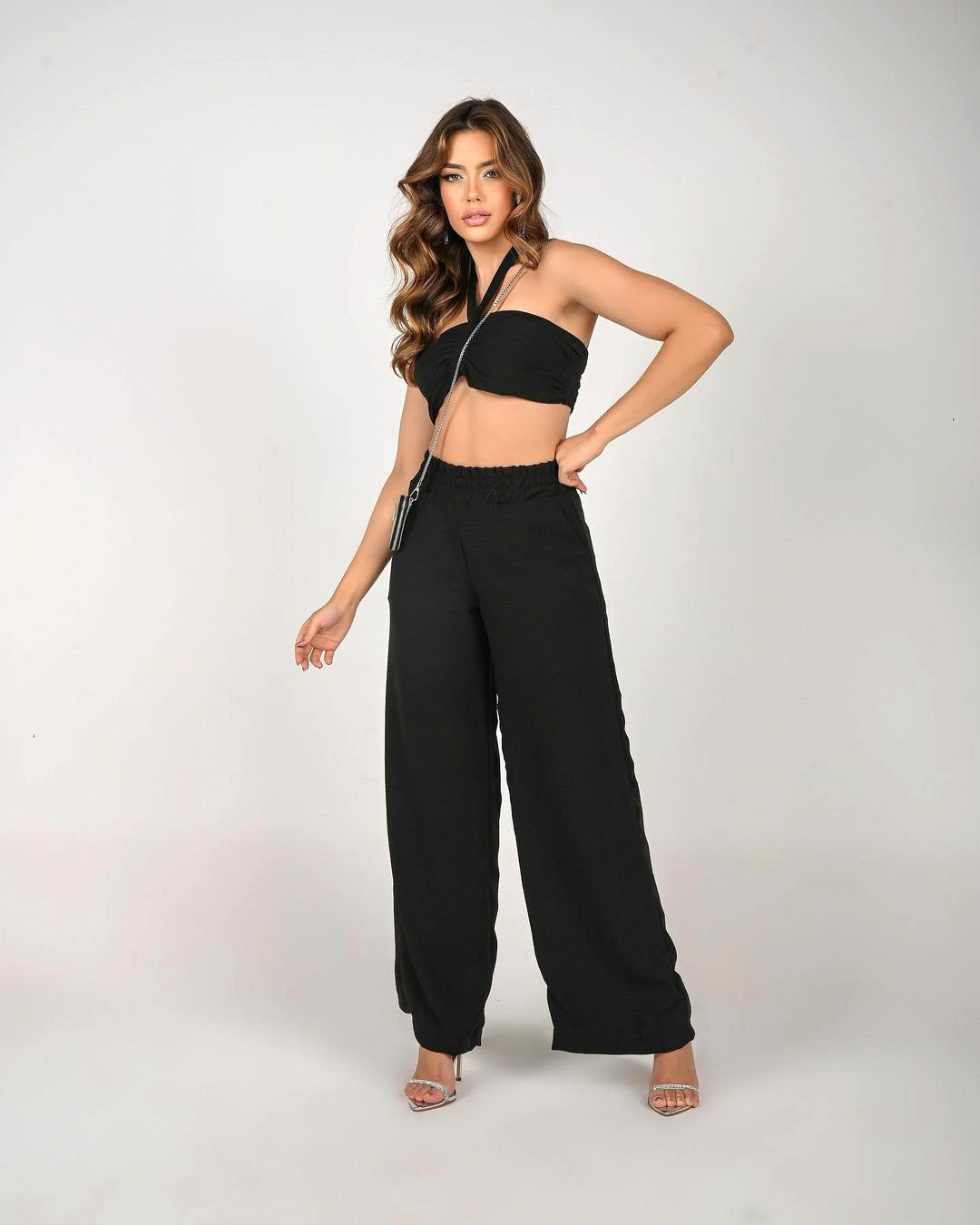 Fashion Women's Sleeveless Sexy Strappy Top Elastic Waist Loose Trousers Two-Piece Set 4