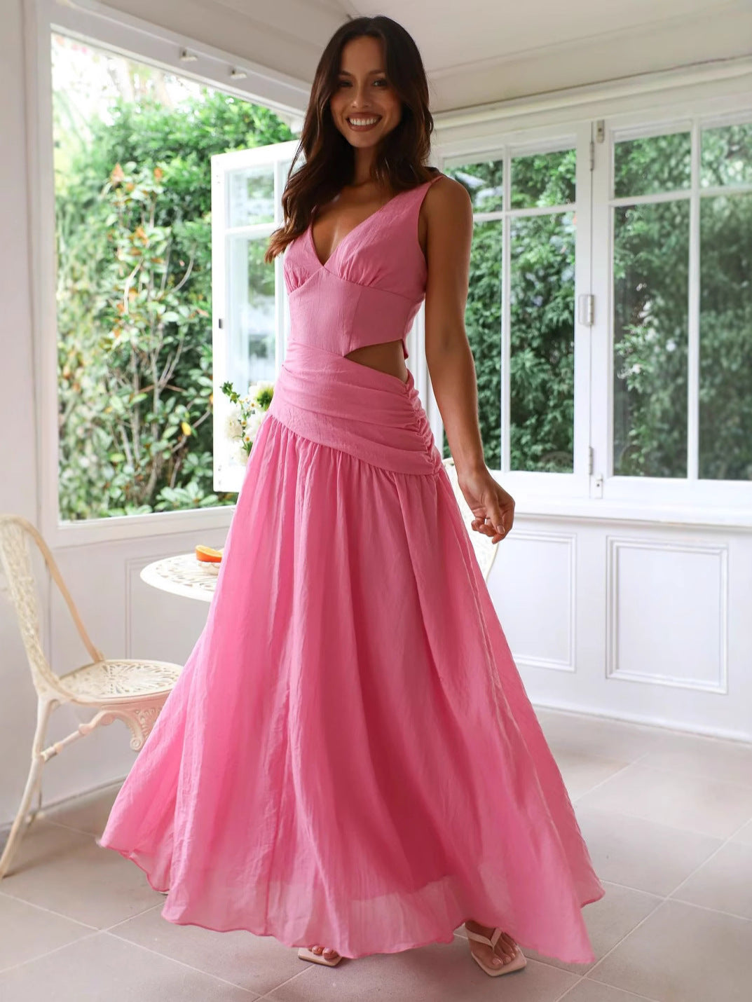 V-Neck Sleeveless Solid Color Patchwork Maxi Dress 6