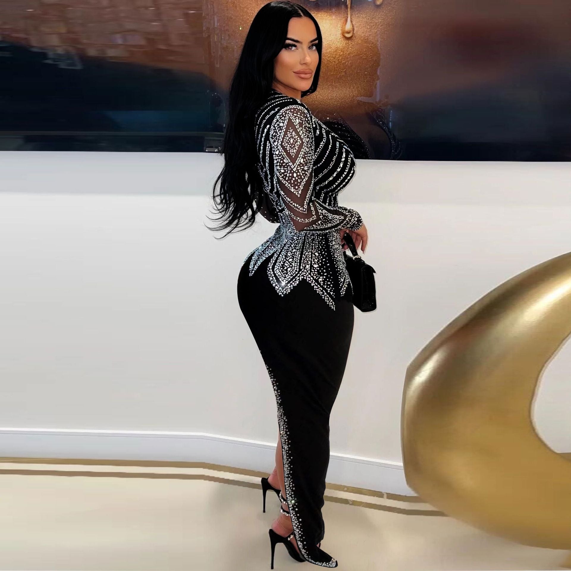 Women Sexy Beveled Beaded Stretch V-Neck Bodycon Dress 4