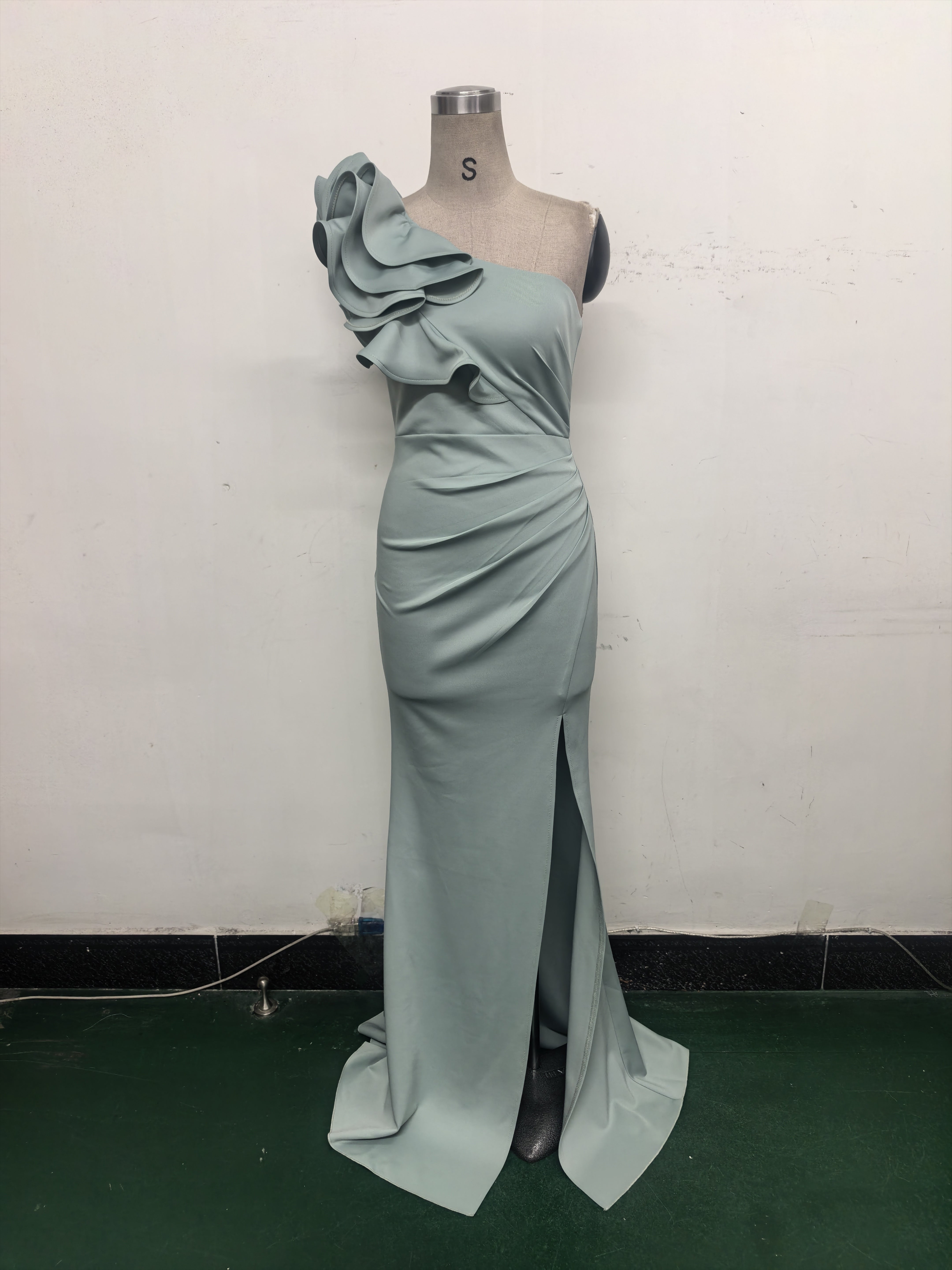 Women One-Shoulder Beaded Wool and Floral Satin Slit Sexy Evening Dress 14