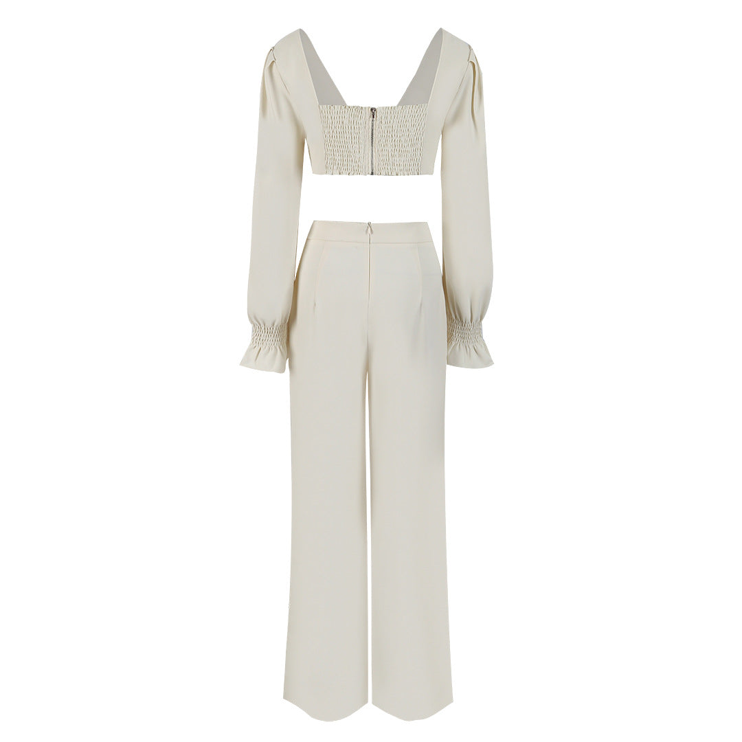 Women Solid Long Sleeve V-Neck Backless Top and Wide Leg Pants Two-Piece Set 16