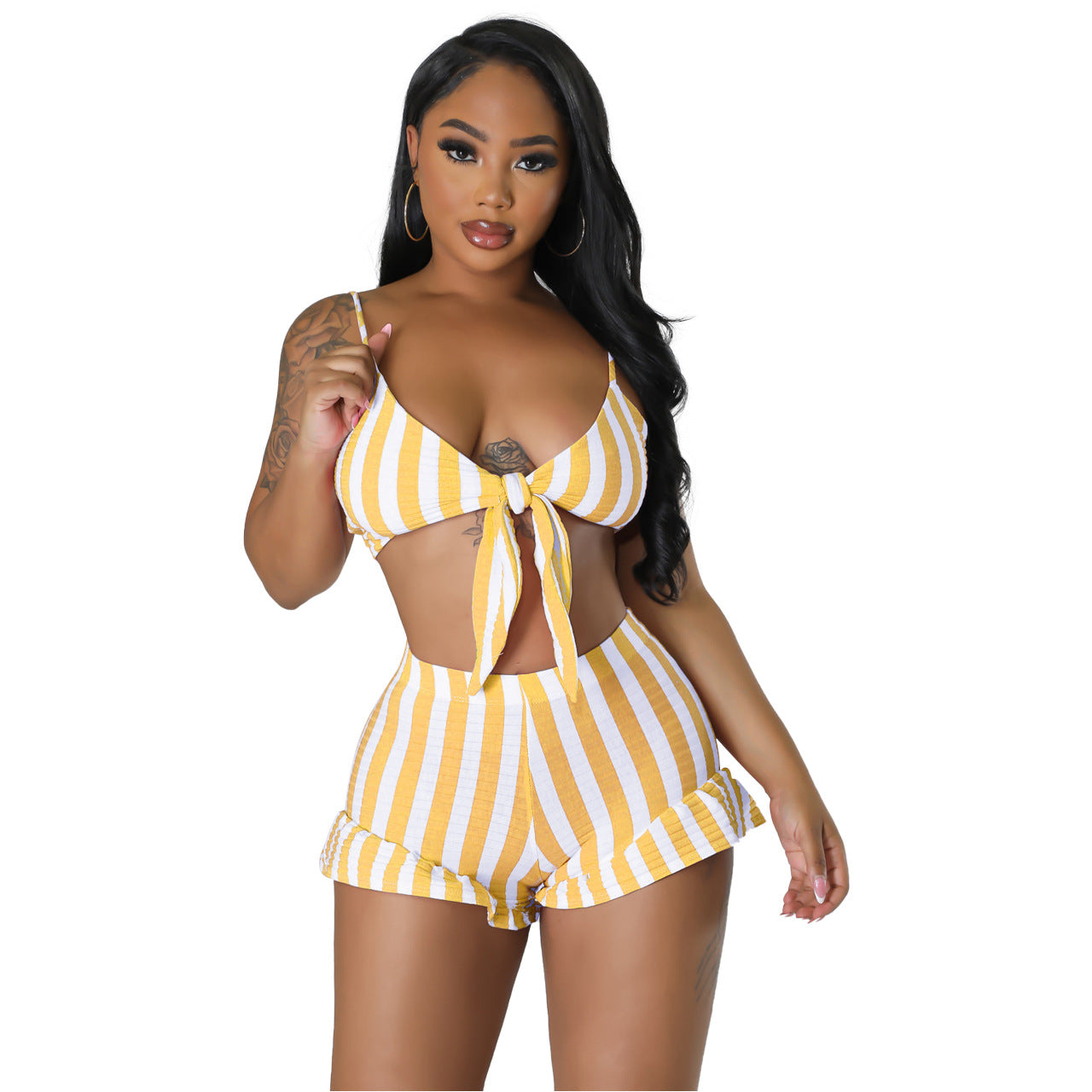 Women's Clothing Sexy Fashion Ribbed Stripe Two-Piece Shorts Set For Women 4