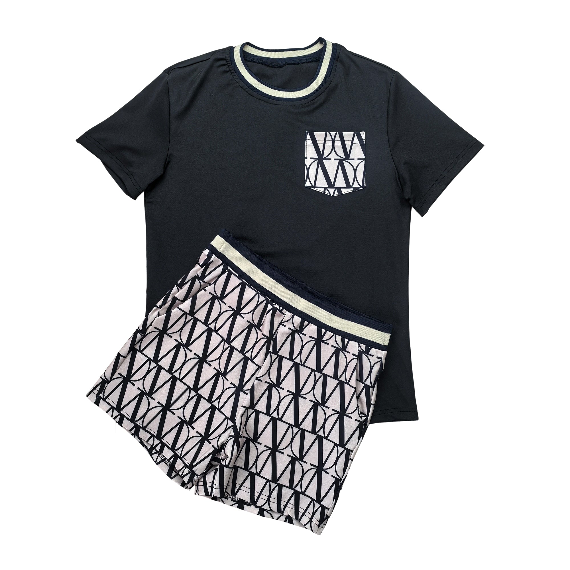 Women summer printed Round Neck pocket short-sleeved top and shorts two-piece set 6