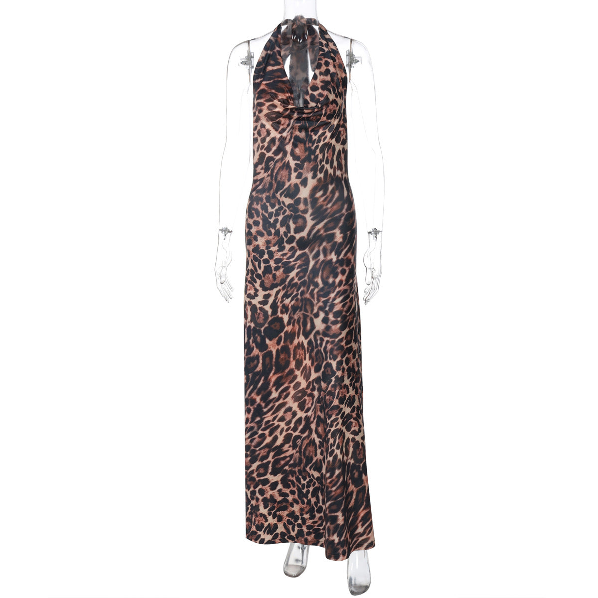 Women spring leopard print sleeveless halter neck lace-up sexy backless dress 9